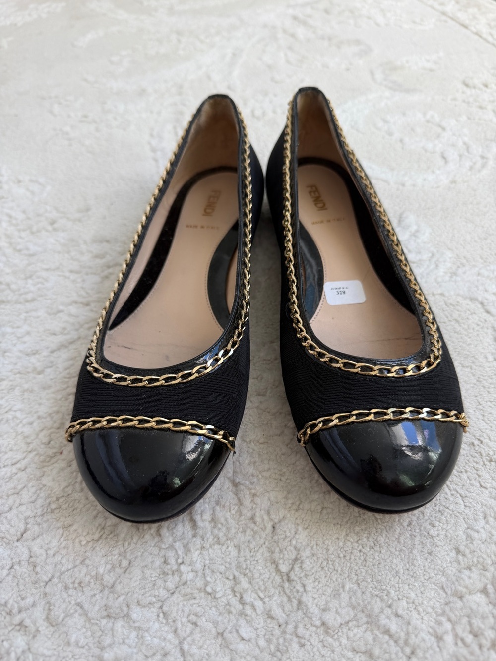 Fendi Black Ballet Flats with Gold Chain Trim